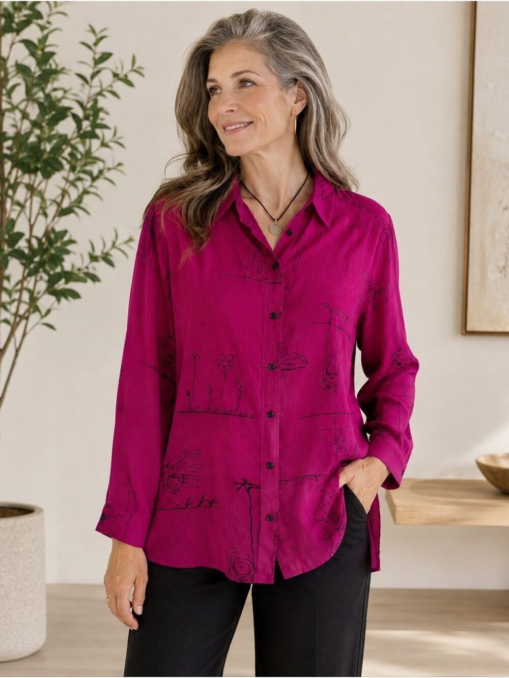 Chico's Design Fuchsia Wearable Art Blouse Abstract Print Size 2 XL